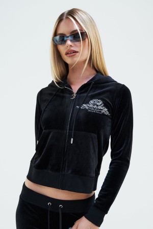 Juicy Couture Arch Embroide Zip Through Classic Velour Hoodie Mustat | JC-SN652091