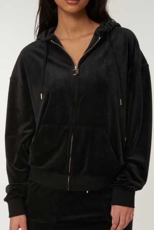 Juicy Couture Classic Velour Oversized Hoodie Mustat | JC-SN651954