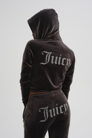 Juicy Couture Diamante Velour Zip-through Hoodie Mustat | JC-SN652149