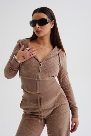 Juicy Couture Luxe Velour Zip Corset Hoodie Ruskea | JC-SN652142