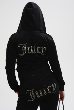 Juicy Couture Velour Mixed Iridescent Diamante Zip-through Hoodie Mustat | JC-SN652087