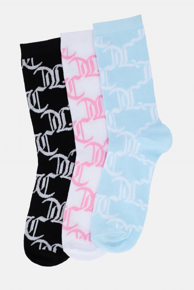 Juicy Couture 3 Pack Monogram Crew Socks Monivärinen | JC-SN652316