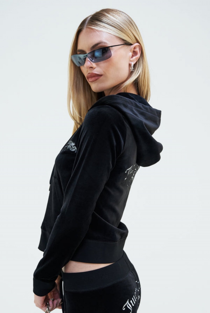 Juicy Couture Arch Embroide Zip Through Classic Velour Hoodie Mustat | JC-SN652091