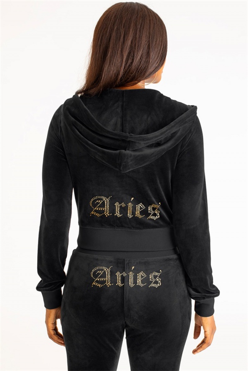 Juicy Couture Aries Big Bling Velour Hoodie Mustat | JC-SN651558