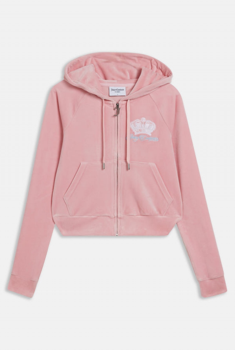 Juicy Couture Crown Embroide Velour Zip-through Hoodie Pinkki | JC-SN651993