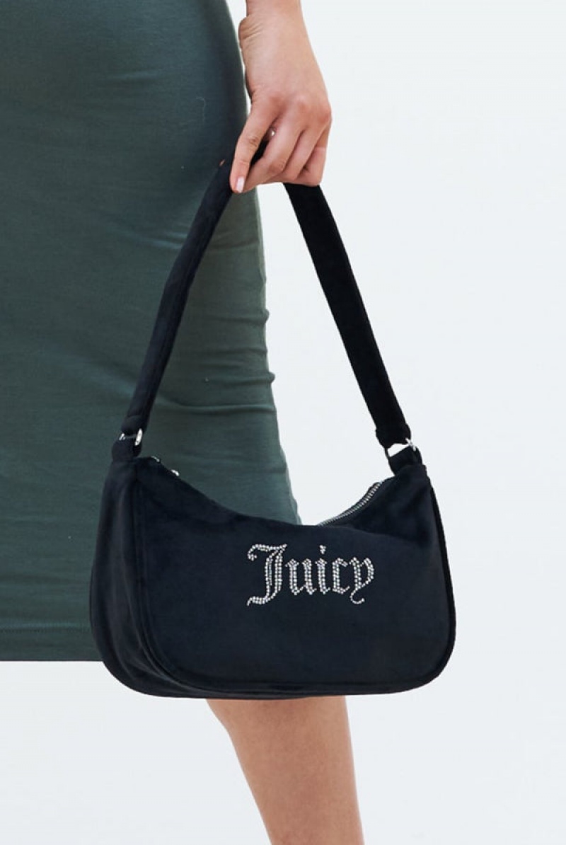 Juicy Couture Diamante Velour Shoulder Bag Mustat | JC-SN652214