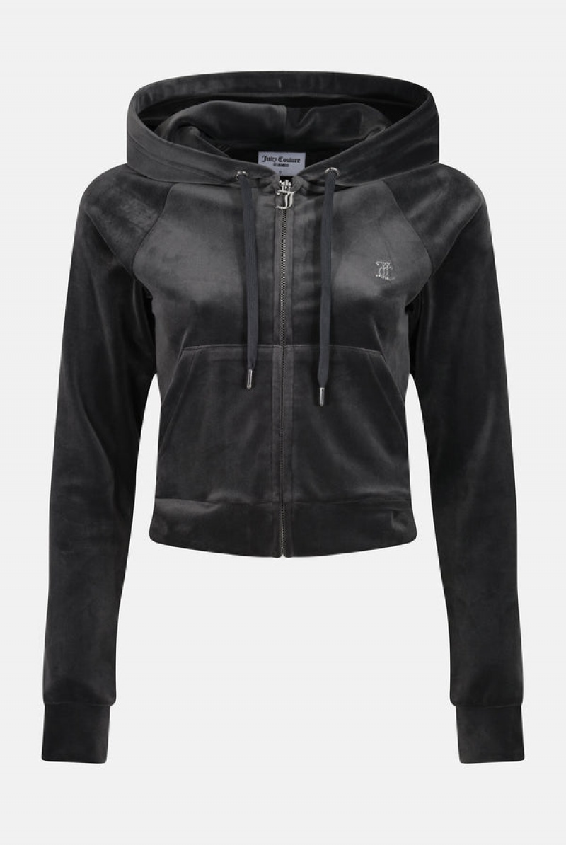 Juicy Couture Diamante Velour Zip-through Hoodie Mustat | JC-SN652149