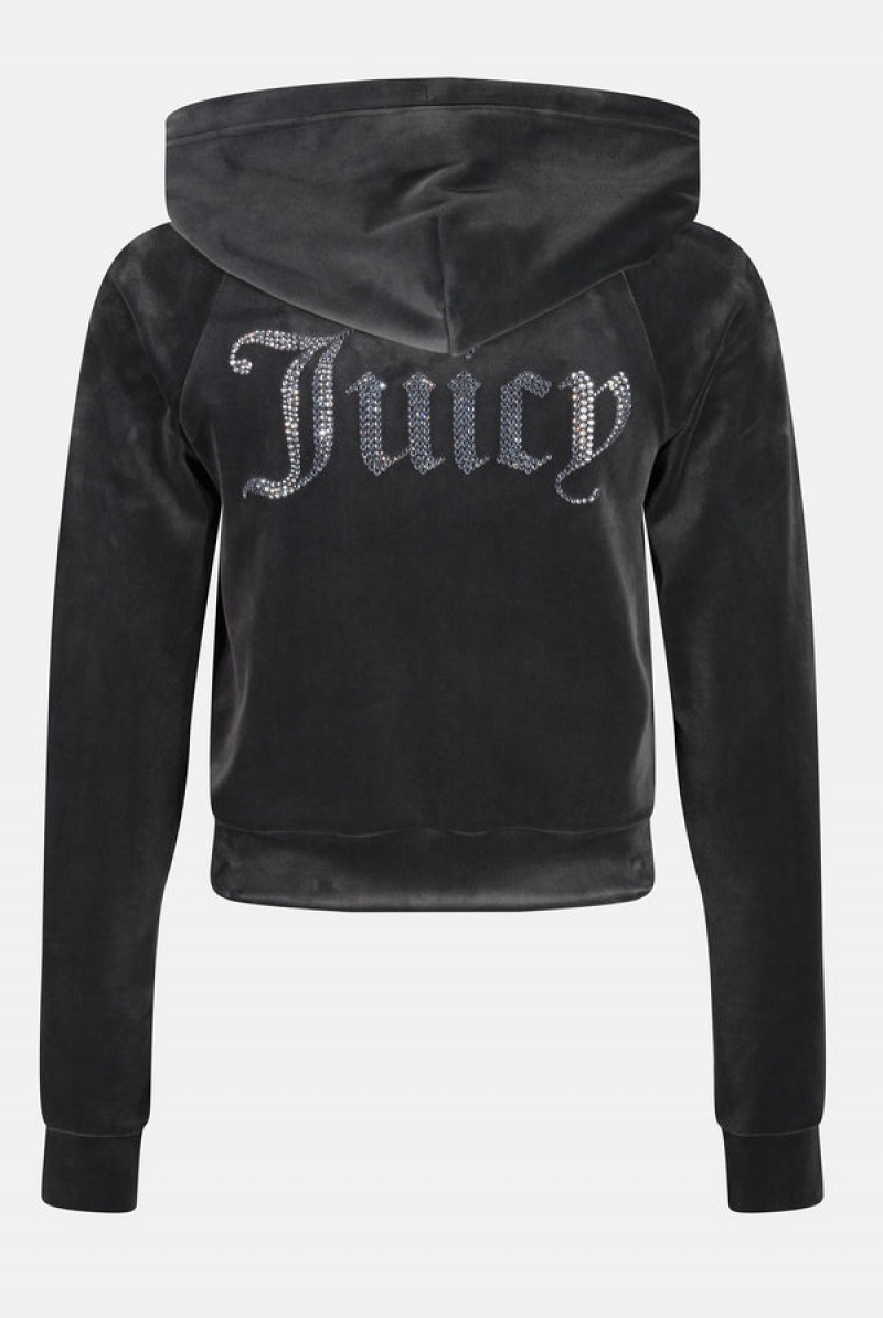 Juicy Couture Diamante Velour Zip-through Hoodie Mustat | JC-SN652149