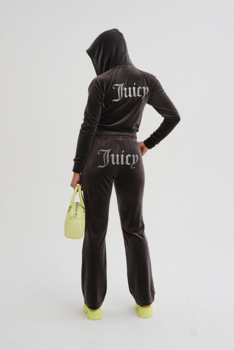 Juicy Couture Diamante Velour Zip-through Hoodie Mustat | JC-SN652149