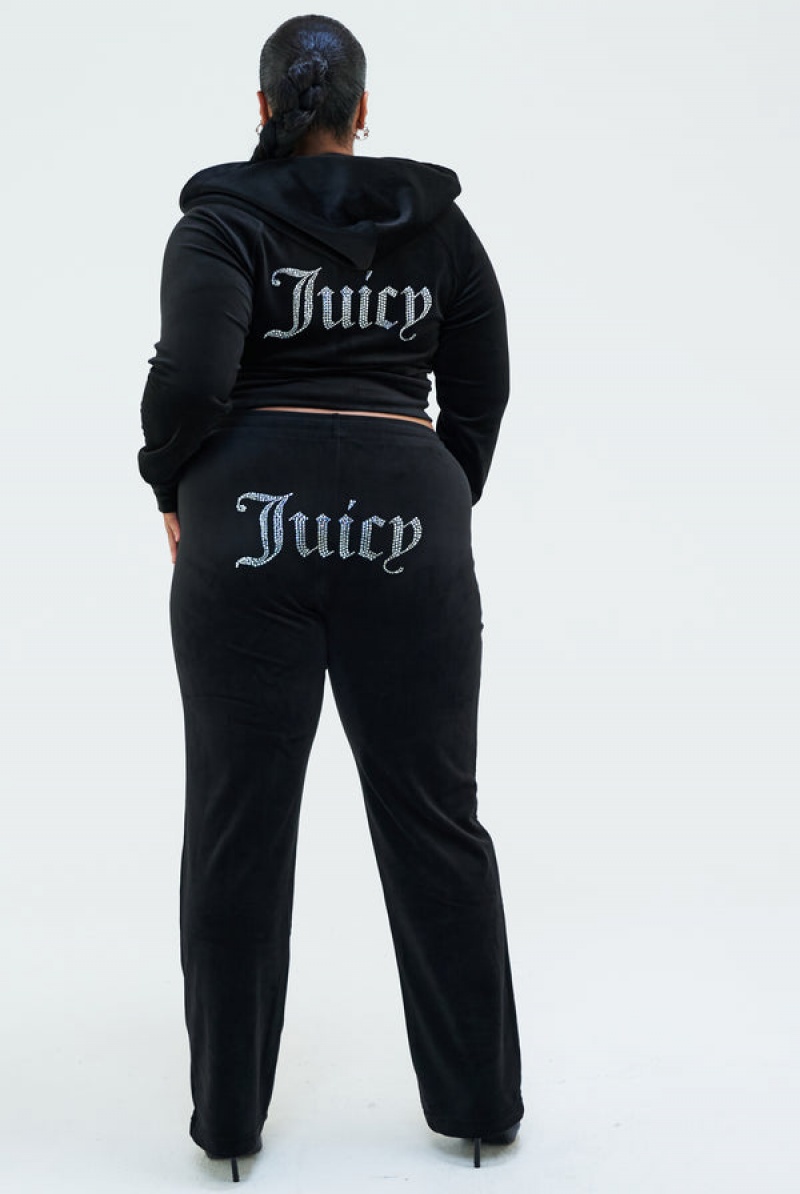 Juicy Couture Diamante Velour Zip-through Hoodie Mustat | JC-SN652153