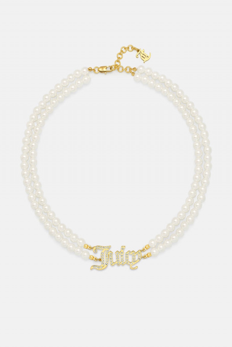 Juicy Couture Double Row Pearl Pavè Crystal Juicy Choker Kultaiset | JC-SN652365