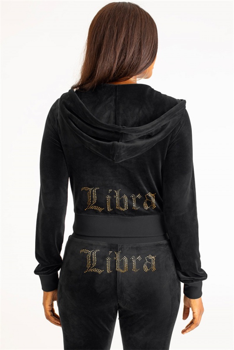 Juicy Couture Libra Big Bling Velour Hoodie Mustat | JC-SN651659