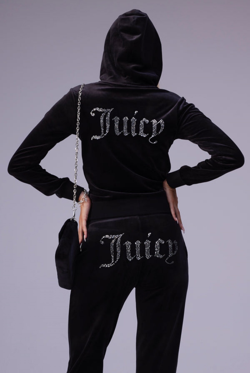 Juicy Couture Mixed Crystal Classic Velour Robertson Hoodie Mustat | JC-SN652066