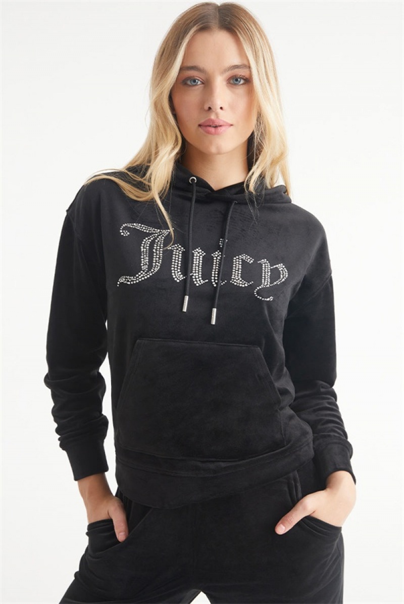 Juicy Couture Oversized Big Bling Velour Hoodie Mustat | JC-SN651540