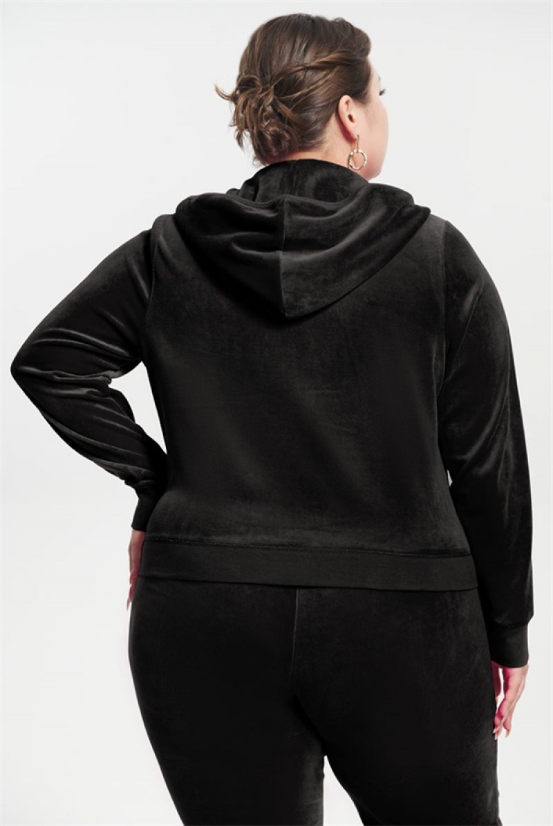 Juicy Couture Plus-size Classic Puuvilla Velour Hoodie Mustat | JC-SN651586