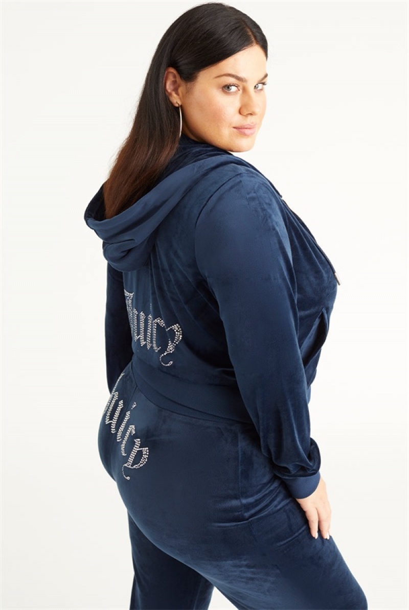 Juicy Couture Plus-size Og Big Bling Velour Hoodie Sininen | JC-SN651562