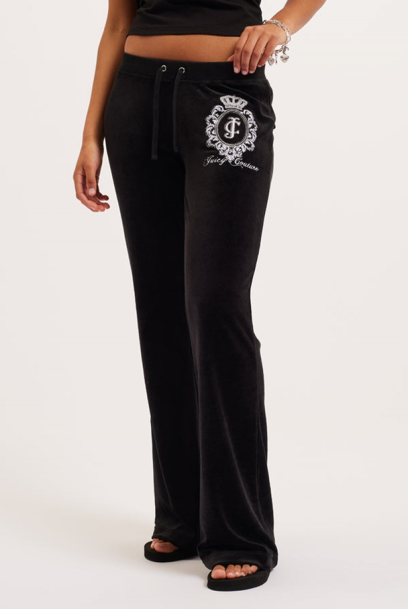 Juicy Couture Ultra Low Rise Bamboo Velour Heritage Crest Pocketed Bottoms Mustat | JC-SN652159