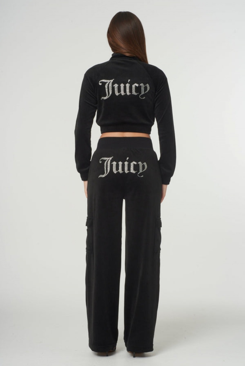 Juicy Couture Velour Diamante Cropped Tracktop Mustat | JC-SN652000