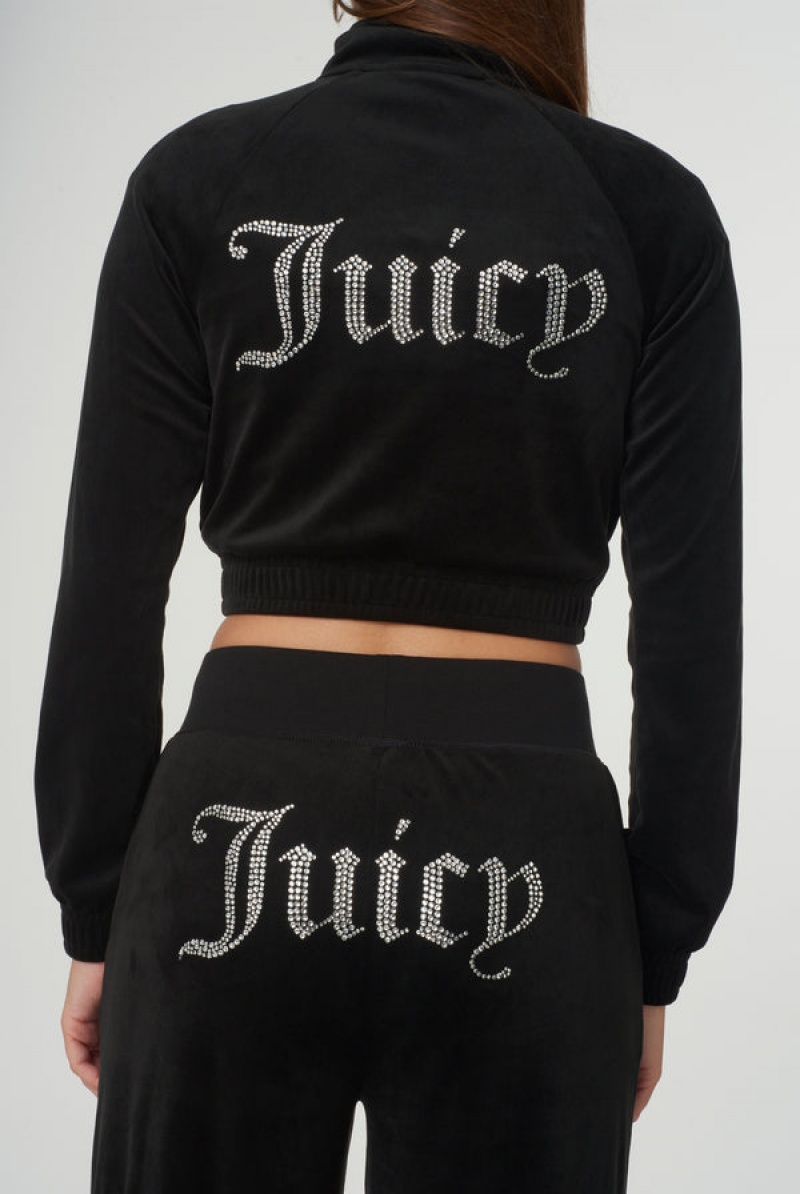 Juicy Couture Velour Diamante Cropped Tracktop Mustat | JC-SN652000