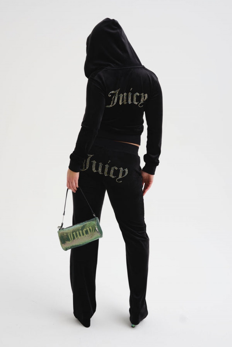 Juicy Couture Velour Mixed Iridescent Diamante Tracksuit Bottom Mustat | JC-SN652086