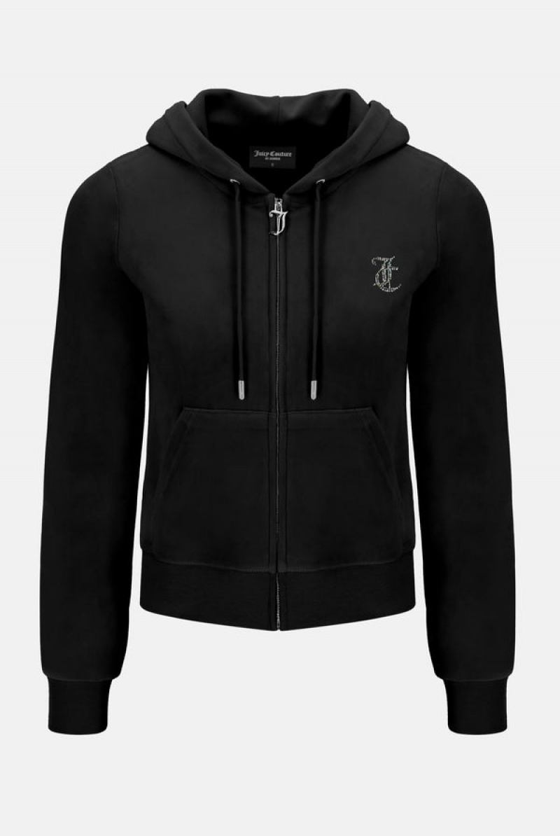 Juicy Couture Velour Mixed Iridescent Diamante Zip-through Hoodie Mustat | JC-SN652087