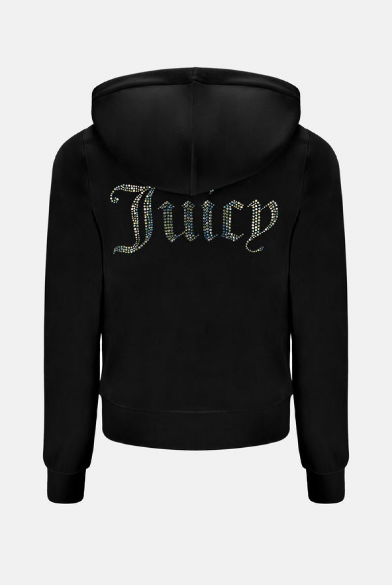 Juicy Couture Velour Mixed Iridescent Diamante Zip-through Hoodie Mustat | JC-SN652087