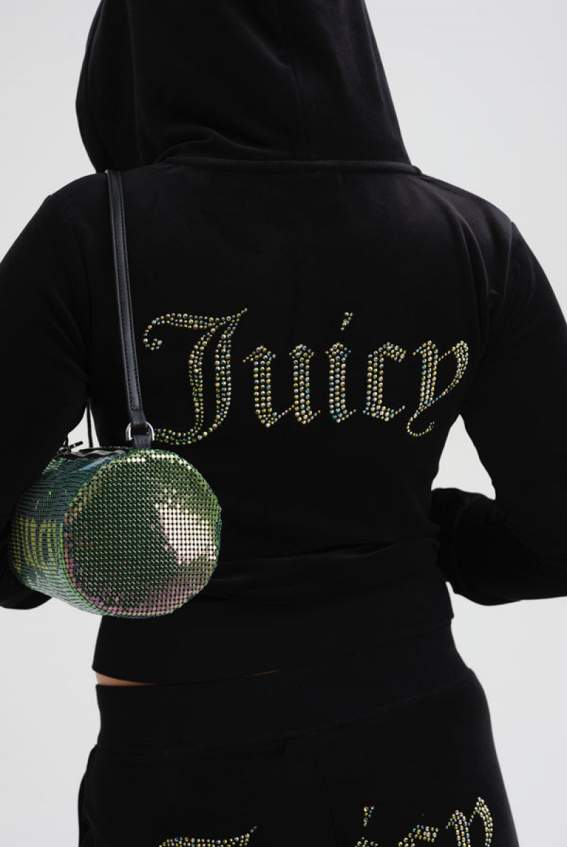 Juicy Couture Velour Mixed Iridescent Diamante Zip-through Hoodie Mustat | JC-SN652087